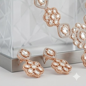 White Moissanite Kundan Work 925 Silver Modern <b>Statement</b> <b>Necklace</b> Earrings Set for Women Wedding Gift Set - Product Image 3