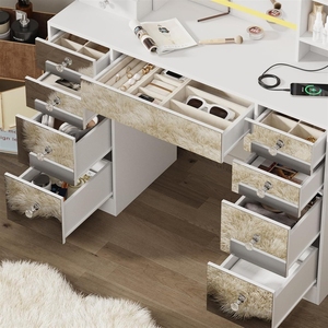 <span class=keywords><strong>Coiffeuse</strong></span> transfrontalière avec miroir, <span class=keywords><strong>LED</strong></span>, prise électrique et tiroir de rangement pour maquillage et chambre - Product Image 4