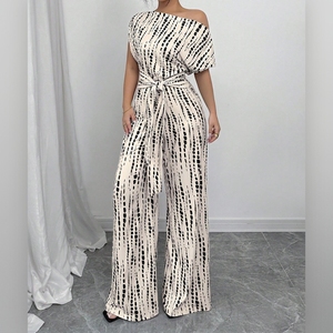 Mono de verano para mujer con hombros descubiertos, lazo frontal, pierna ancha y rayas, a la moda - Product Image 5