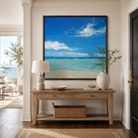 Toile murale artisanale en bois Paysage marin turquoise Ciel bleu Océan Paysage côtier serein Décoration murale pour hôtel, villa, salon