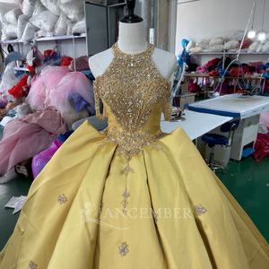 Vestido de Gala Dorado con Cuello Halter Mc042, Vestido de Quinceañera con Apliques de Cristal y Pedrería, Satén Brillante, Jancember - Product Image 2