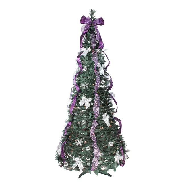 6' Pre-Lit Purple and Silver Pre-Decorated Artificial Christmas Pop-Up Tree with 350 clear mini lights