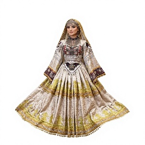 Robe de bal luxueuse en satin brodée de perles, col montant, manches longues, longueur ras du sol, avec pompons et voile - Product Image 1