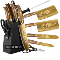 Ensemble de couteaux de chef de luxe revêtus de titane or lame en acier inoxydable avec manche en PP grain de bois