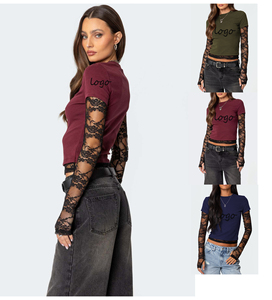 <span class=keywords><strong>T</strong></span>-<span class=keywords><strong>shirt</strong></span> girocollo a due pezzi a maniche lunghe con giuntura in pizzo Sexy da ragazza top da donna 2025 nuovi arrivi top corti - Product Image 1