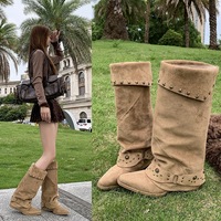 Bottines mi-mollet à bout pointu, cloutées, style rétro, nouvelle collection automne 2026, style post-apocalyptique, bottes noires empilées, métal