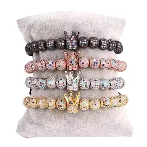 High Quality Luxury Rainbow CZ Pave Ball Crown Custom Logo Women Jewelry Macrame Bracelet JBS10756