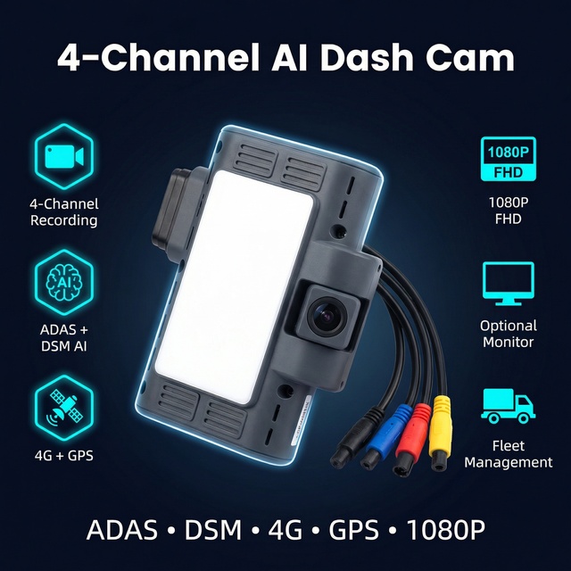 4 Channels 4G GPS Dash Cam 1080P Front/Interior/Trunk Cameras IR Night Vision Loop Recording 2x512G TF 1 Year Warranty