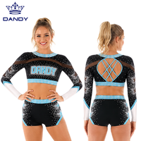 Uniforme de cheerleading personnalisé noir turquoise à manches longues en maille, épaules dénudées, avec strass, dos croisé, haut court et jupe à ourlet ondulé
