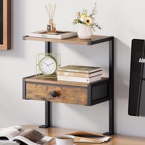 Estante de almacenamiento de escritorio de doble capa de madera con cajón, organizador de oficina, montaje en mesa, marrón, negro, blanco - Product Image 1