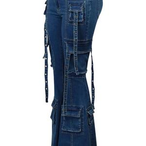 Pantalones Vaqueros de Mezclilla Personalizados para Mujer, con Bolsillos Laterales, Cintura Alta, a la Moda, con 8 Bolsillos, Estilo Cargo - Product Image 4