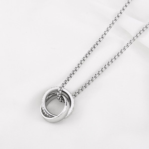 Stainless Steel Double <b>Ring</b> Pendant With Pave Setting Geometric Design Unisex Fashion <b>Necklace</b> - Product Image 4