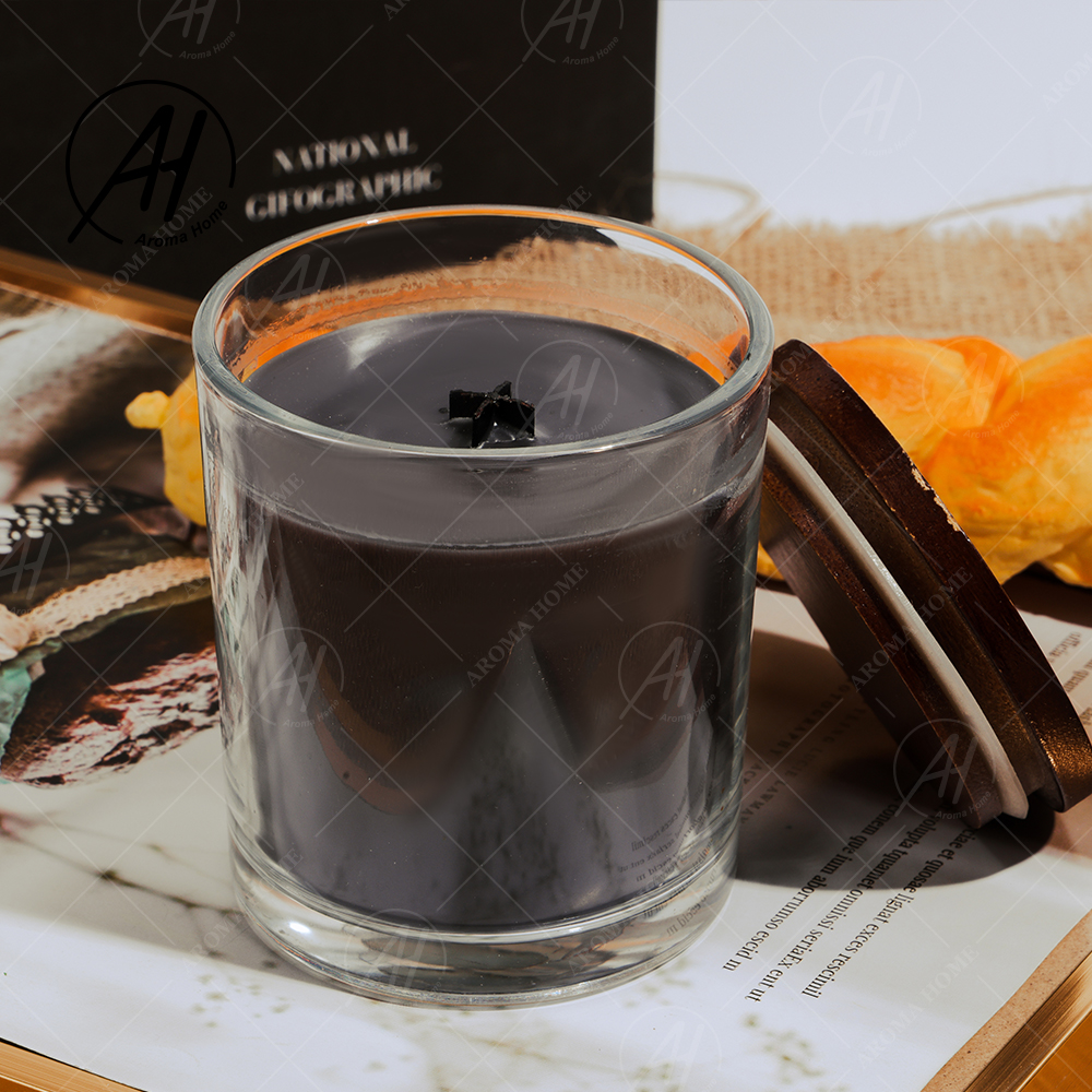 Transparent Glass Jar Brown Lid Cross Wooden Wick Soy Wax Scented Candle Black 5