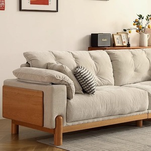 Zeyang Cherry Wood Solid Wood <b>Sofa</b> Three Seater Fabric Creamy Cloud Living Room Removable Washable - Product Image 3