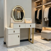 Table de maquillage professionnelle personnalisée avec éclairage LED, miroir tactile ovale, armoire latérale multi-tiroirs, bureau de maquillage