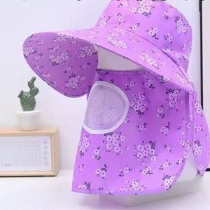 Women's Wide Brim Sun <b>Hat</b> <b>Purple</b> Plum Blossom Design Upf 50 Breathable Neck Protector For Outdoor Cycling Fishing Tea Picking - Product Image 1