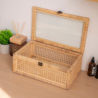 Panier de rangement en rotin fait main, couvercle transparent, boîte de rangement rectangulaire pour bureau, panier de présentation pour la maison, vente en gros de marchandises