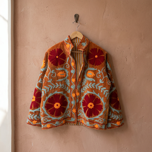 Veste Courte Décontractée en Velours Rustique Brodé de Fil Épais pour Femme, Col Montant Ouvert, Fabrication OEM Suzani – Vente en Gros Usine - Product Image 2