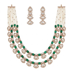 Elegant 925 Silver Green Stone Pearl Layered <b>Necklace</b> and Earrings Set for Women Traditional Indian Jewelry Wedding Party Wear - Product Image 1