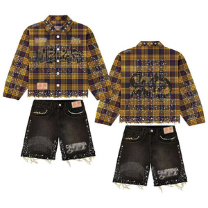 Pantaloncini in denim retrò da <span class=keywords><strong>uomo</strong></span> personalizzati in stile antico, in flanella 100% cotone, <span class=keywords><strong>abbigliamento</strong></span> streetwear con strass, alta qualità, estivi, tinta unita - Product Image 1