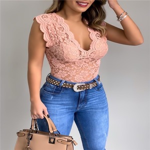T26048 2026 Nuova Moda T-Shirt con Scollo a V e Bordo <span class=keywords><strong>in</strong></span> <span class=keywords><strong>Pizzo</strong></span> Tinta Unita - Product Image 3
