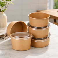 Bols en papier kraft ronds biodégradables personnalisés de qualité alimentaire pour salades à emporter, résistants aux fuites, avec couvercles, vente en gros
