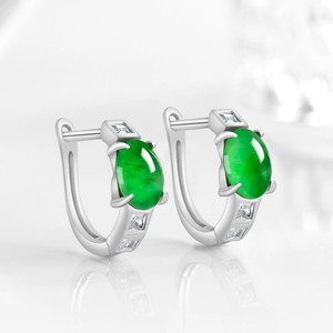 Natural genuine jade green egg-shaped ear <b>studs</b> in icy-grade stone. <b>Set</b> with S925 <b>silver</b>. Fashionable ladies' <b>earrings</b> - Product Image 1