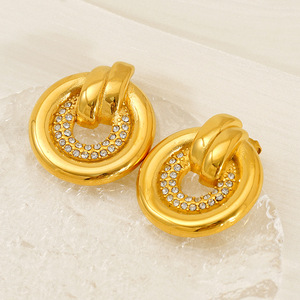 Gold Round Hoop <b>Stud</b> <b>Earrings</b> With <b>Crystal</b> Inlay Geometric Design Everyday Wear - Product Image 1