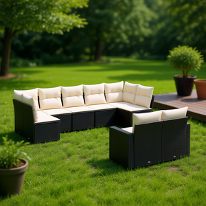 Cream White And Black <b>Rattan</b> Garden <b>Sofa</b> Set With Cushions 6 Seater Outdoor Furniture Contemporary Design - Product Image 2