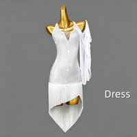 Robe de danse latine pour femme avec strass, bretelles croisées au dos, drapé en mousseline, franges et ourlet irrégulier – Costume de compétition Salsa Tango