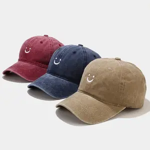 Yeni varış taş yıkanmış mutlu yüz beyzbol şapkası erkek pamuk şapka spor promosyon için işlemeli Logo ile