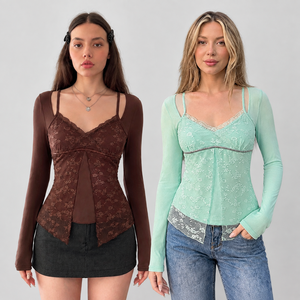 Women's <b>Y2K</b> Floral Layered Lace Trim Long Sleeve Cover up <b>Top</b> Stretchy Slim Fit Casual Streetwear Blouse Polyester Elastane - Product Image 1