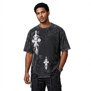 T-shirt noir surdimensionné pour homme avec imprimé croix blanche, style streetwear, manches courtes, col rond, jersey de coton - Product Image 1