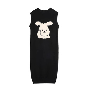 Dalang Knitwear Factory Women's Sleeveless <b>Knitted</b> Dress Black Crew Neck <b>Animal</b> <b>Pattern</b> Bodycon Sweater Dress Autumn Winter - Product Image 1
