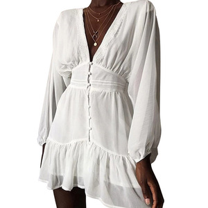 Abito Estivo da Donna Sexy con Scollo a V Profondo, Bianco in Pizzo a Maniche Lunghe, per Matrimoni e Feste, Elegante con Volant - Product Image 6