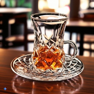 Tazza e Piattino in <span class=keywords><strong>Vetro</strong></span> Cristallo <span class=keywords><strong>Trasparente</strong></span> Marocchino Arabo per Caffè e Tè, Infrangibili ed Ecologici, con Logo Personalizzato, Vendita all'Ingrosso - Product Image 1