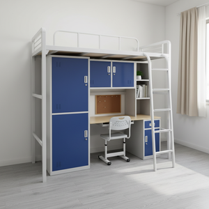 Многофункциональная двухъярусная кровать для общежития с рабочим столом под кроватью и шкафом для хранения, компактная, с прочным стальным каркасом - Product Image 1