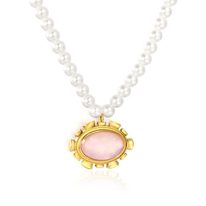 Pearl Necklace Oval Pink Mother Of Pearl Pendant <b>Gold</b> <b>Frame</b> Bezel Setting Everyday Wear Women's Fashion Jewelry Accessory - Product Image 1