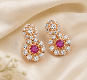Boucles d'oreilles en argent sterling 925 plaqué or rose avec grappe de fleurs et zircone cubique |   Bijoux tendance pour femmes - Product Image 5