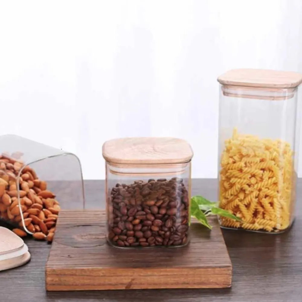 set of 3 glass canisters / glass containers with bamboo lids / square glass food storage