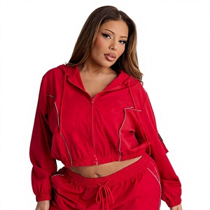 Custom <b>Women's</b> <b>Red</b> Cropped Zip <b>Hoodie</b> and Cargo Pants 2 Piece Tracksuit Set Streetwear Hoodies OEM Manufacturer ODM Supplier - Product Image 3