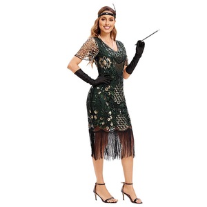 1920s Gatsby V-Neck Evening Dress With <b>Sequined</b> Tassels Short Sleeves Vintage Sheath Style For Party Prom - Product Image 3