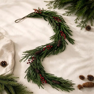 Youth Christmas Garland Green Plastic Artificial Vine With Red Berries And <b>Pinecones</b> For Holiday Decoration - Product Image 1
