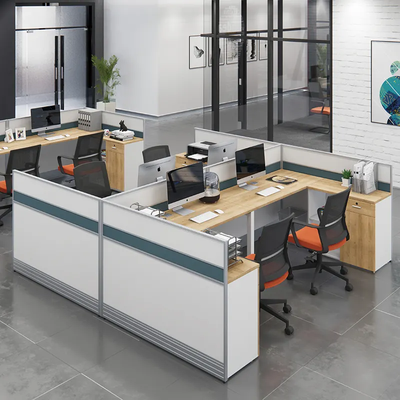 Estación de trabajo de oficina moderna para 4 personas, mesa de escritorio de alta calidad con cajón para el personal
