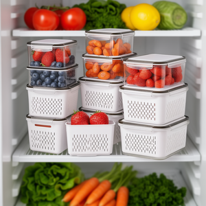 Recipientes apilables para almacenar alimentos con tapa hermética y cesta de drenaje, organizador de frutas y verduras para refrigerador - Product Image 2