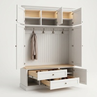 Shaker White Hall Tree Shoe Bench Coat Rack Entryway Storage Cabinet Beadboard Back Solid Wood Bench Home Furniture 6 Hooks