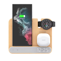 Pengisi Daya Nirkabel Magnetik 3-in-1 Kayu & PC, Jam Alarm Digital, Dudukan Pengisian Cepat Tipe-C Lipat untuk Ponsel, Jam Tangan, dan Earphone