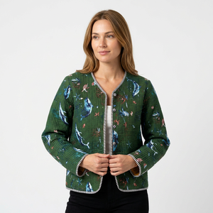 Green Woven <b>Quilted</b> <b>Jacket</b> with Stripe Fish Print Full Sleeve Covered Button Closure Women's Autumn Wear - Product Image 1