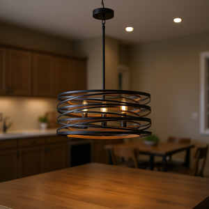 Lustre suspendu moderne rustique à 5 lumières, forme de tambour en métal et noyer noir, pour îlot de cuisine et salle à manger - Product Image 2