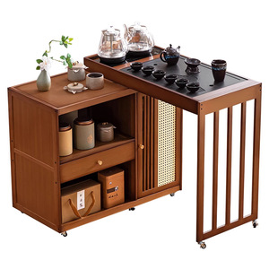 Meuble à thé pliable et mobile en panneaux de bois, hauteur réglable, avec table à thé intégrée - Combo pour villa, salon, hôtel, balcon - Product Image 1